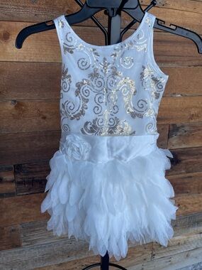 Biscotti White Dress with Gold Sequin Swirl Bodice and Petal Tulle Skirt